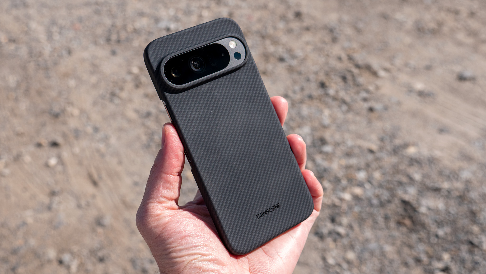 A Google Pixel 9 Pro in a Thinborne aramid fiber case