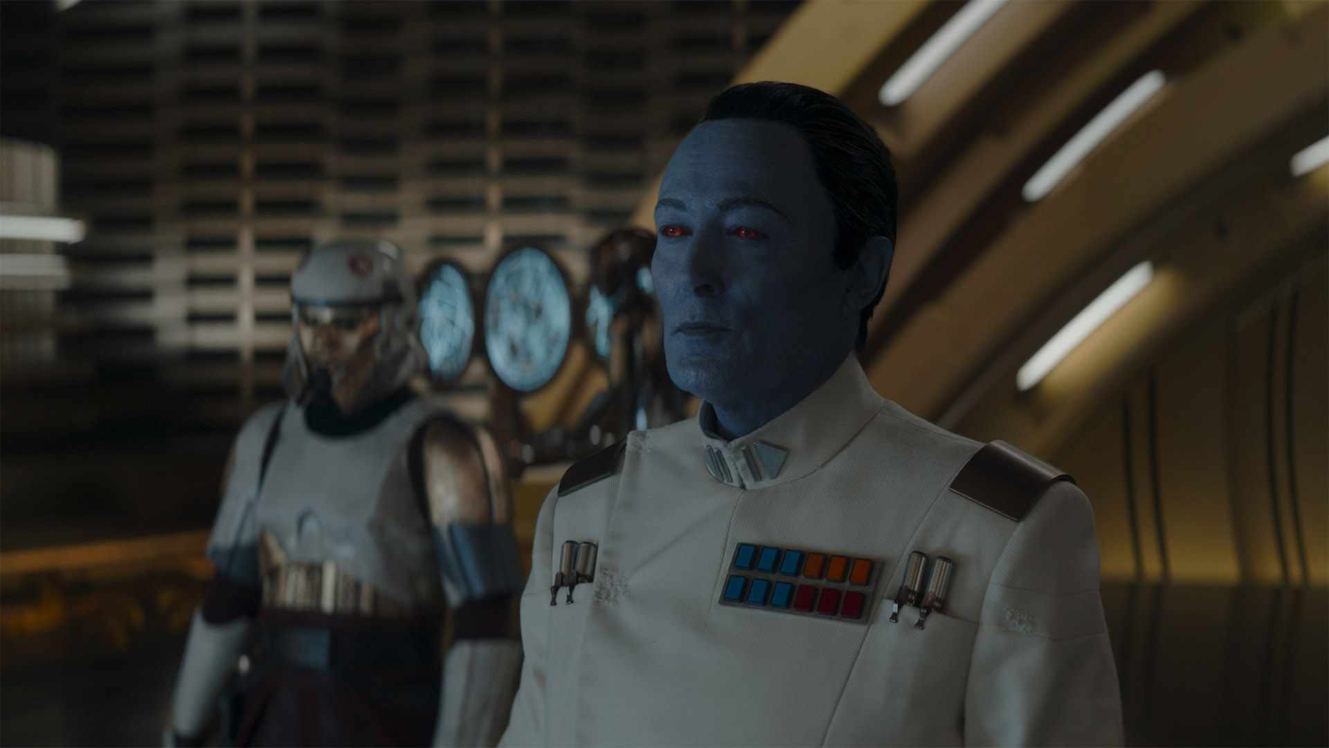 Grand Admiral Thrawn standing alongside Captain Enoch on the bridge of his Star Destroyer, the Chimaera.