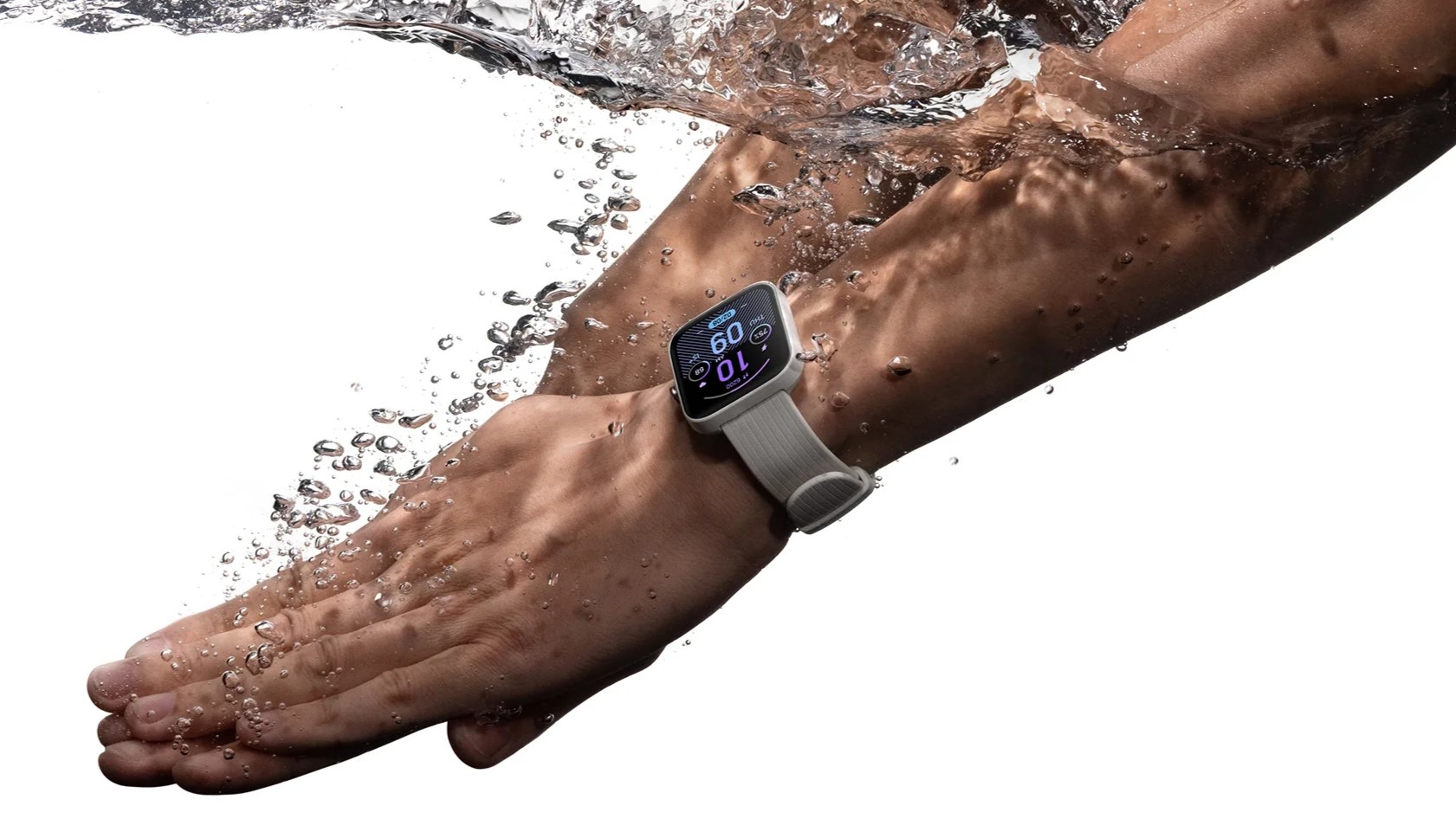 Amazfit Bip 3 on a diver's wrist underwater.