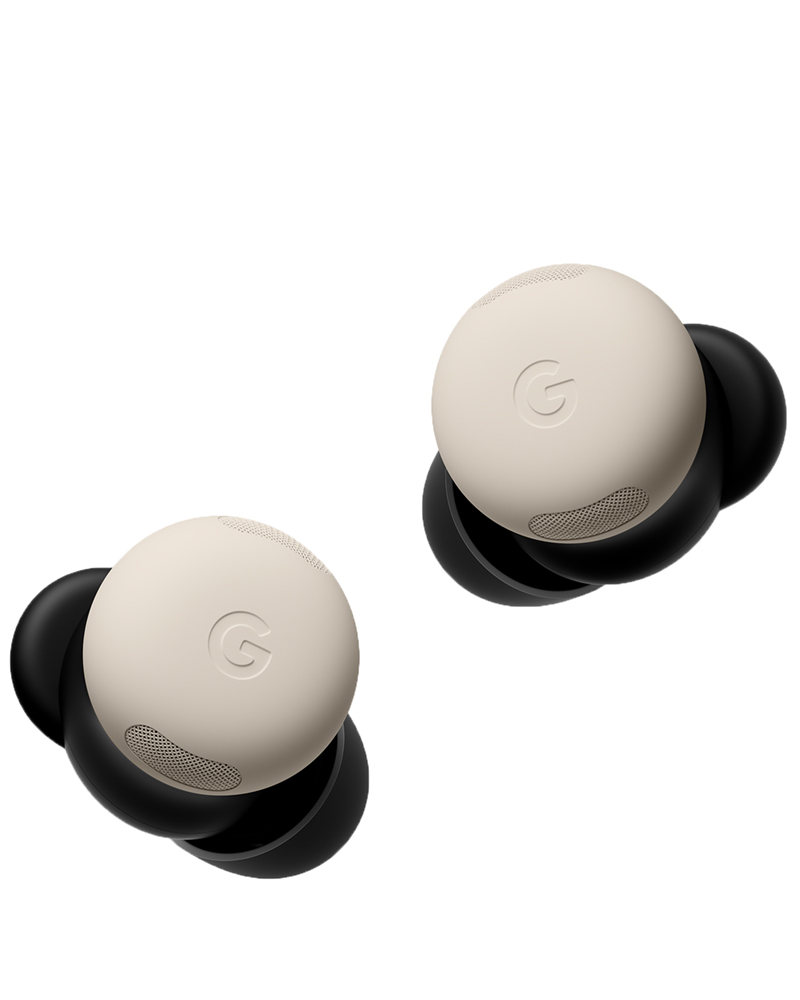 Google Pixel Buds Pro 2 earbuds in porcelain on white background.