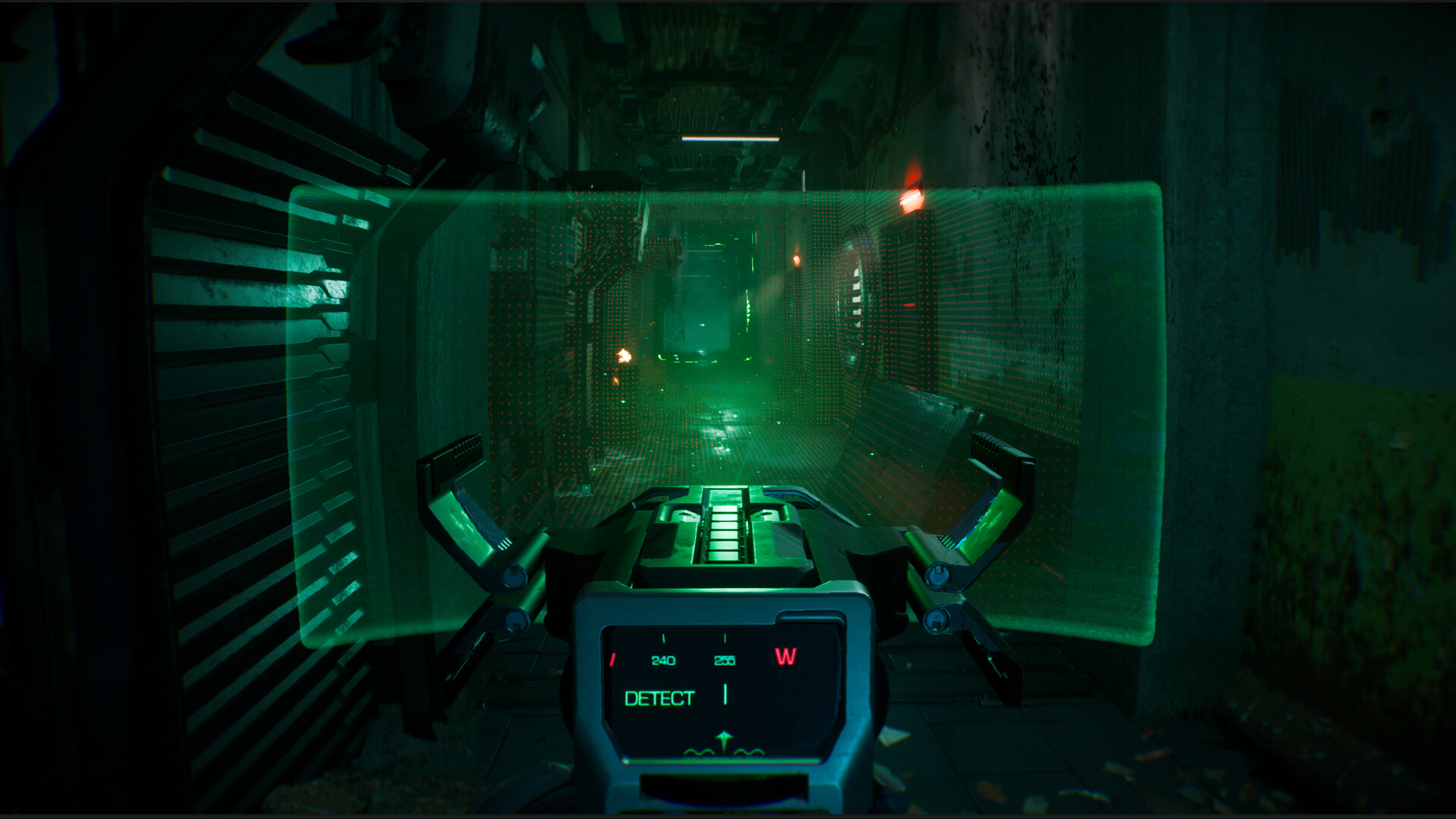 Aiming through firearm with pop up green holographic screen in nondescript hallway in Defect