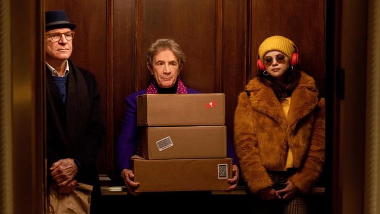 Selena Gomez, Steve Martin and Martin Short standing in an elevator in Only Murders in the Building