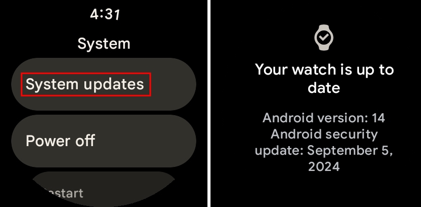 System update option and your watch is up to date display on Pixel watch.