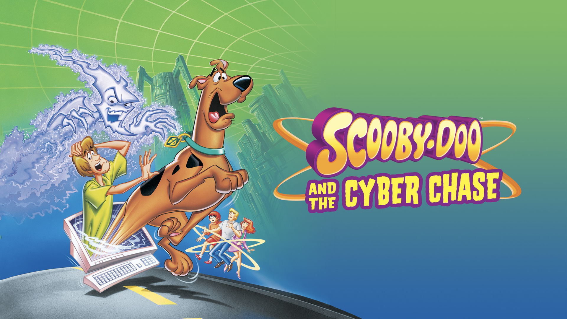 A promotional image for Scooby-Doo and the Cyber Chase, which shows the main cast being chased by a ghost