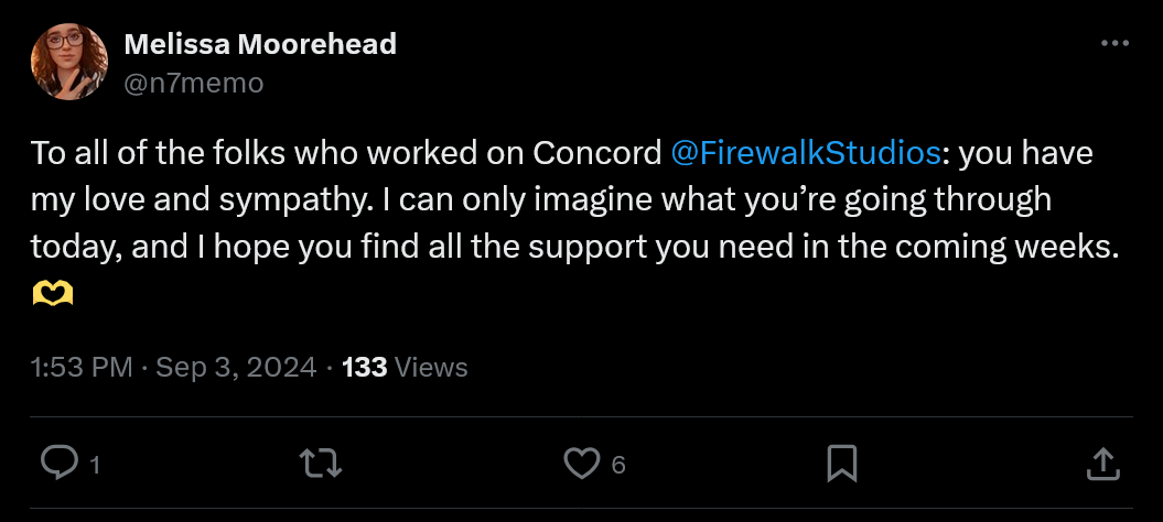 Sending love to the team at Firewalk Studios today. I'm sure this news is hard on all the folks who invested years in bringing Concord to players.