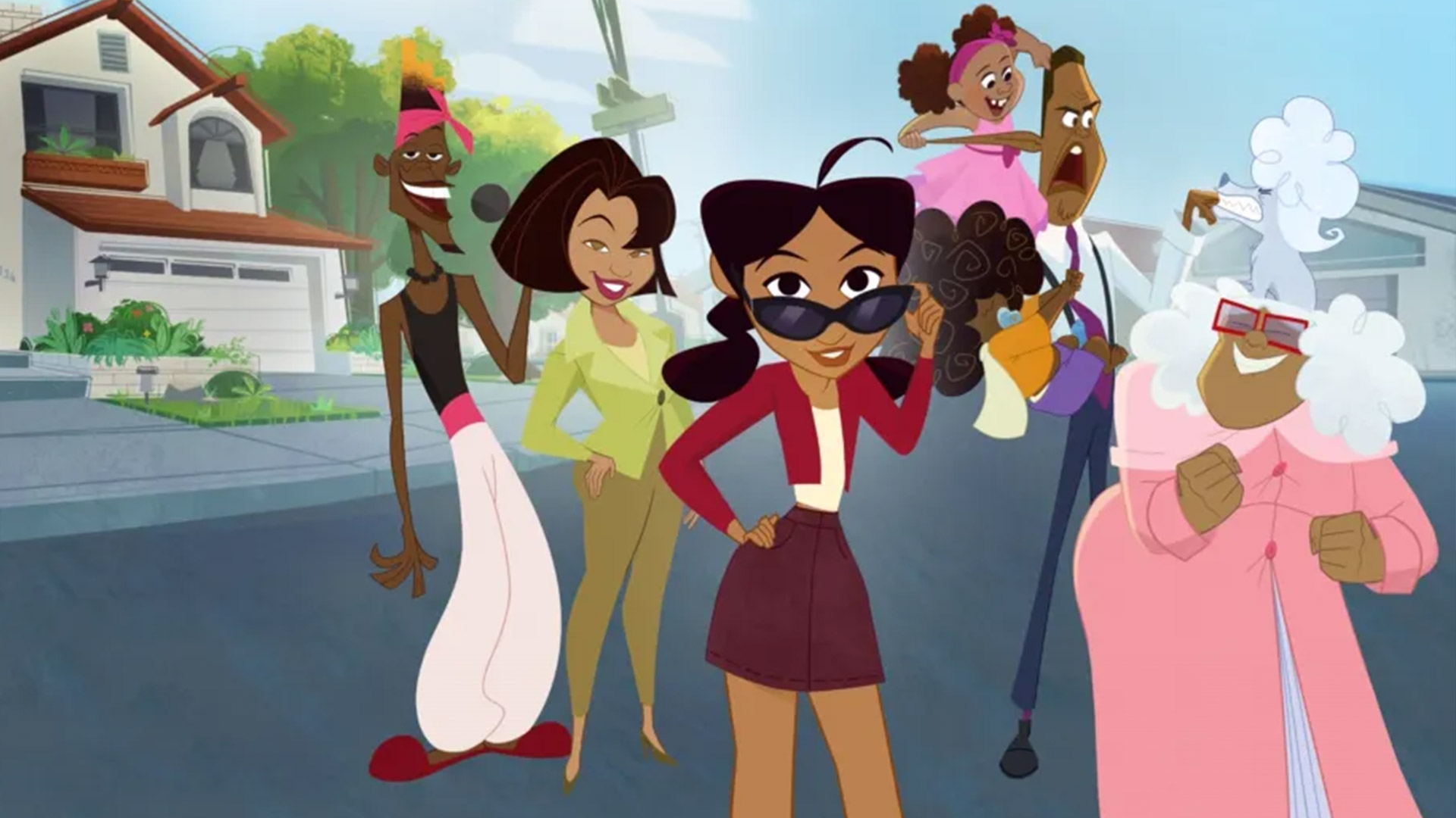 A group of animated characters stand in the street outside of a house.