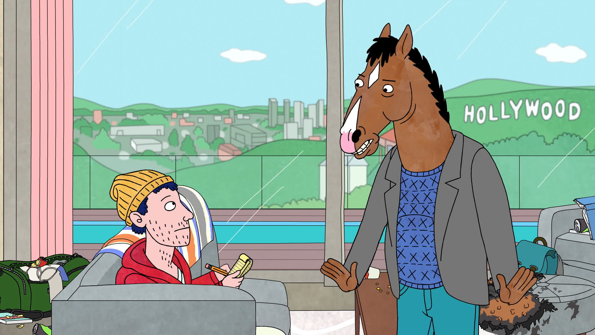 BoJack Horseman talks to a reporter in his Netflix series