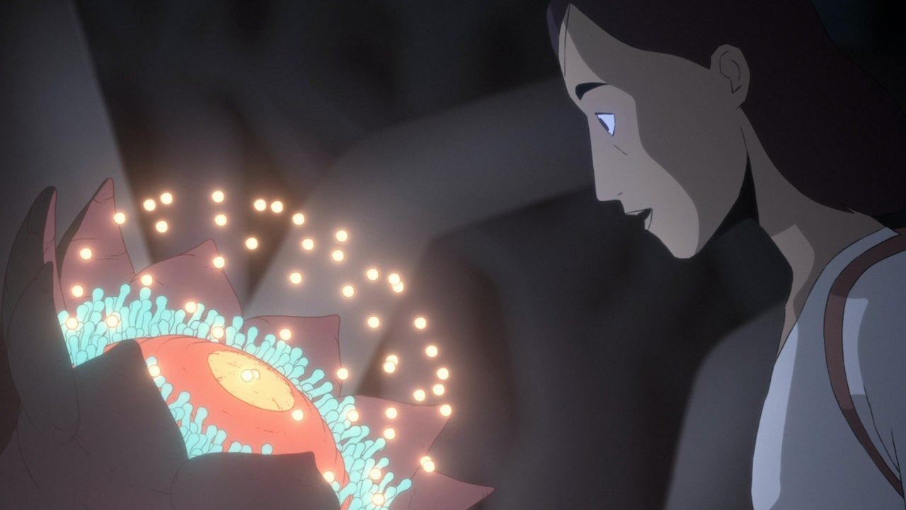 Ursula examines an alien flower in Scavengers Reign