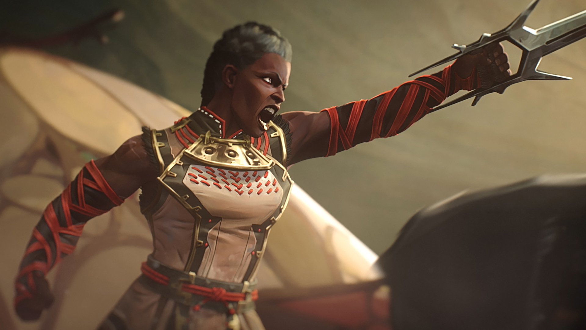 Ambessa shouts as she holds her sword aloft in Arcane season 2