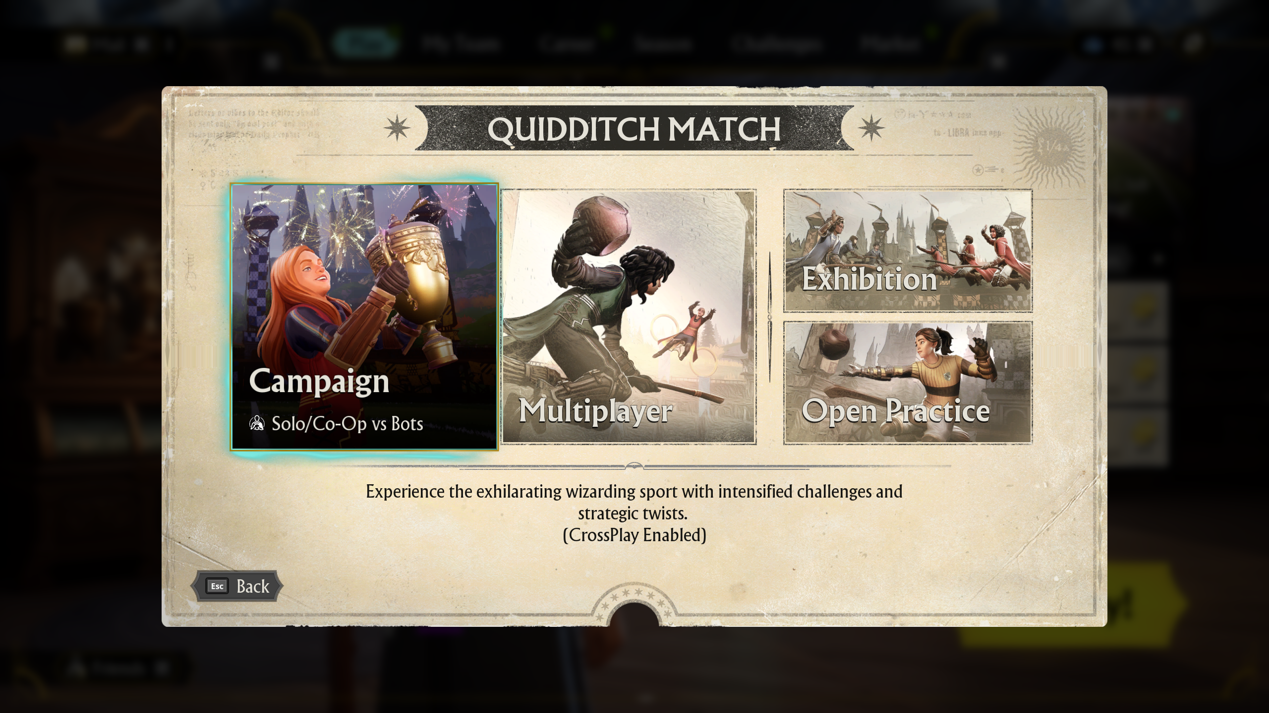 Harry Potter: Quidditch Champions screenshot showing the game's various game modes