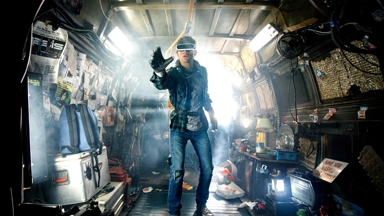 Tye Sheridan dons the virtual reality headset and gloves in Ready Player One