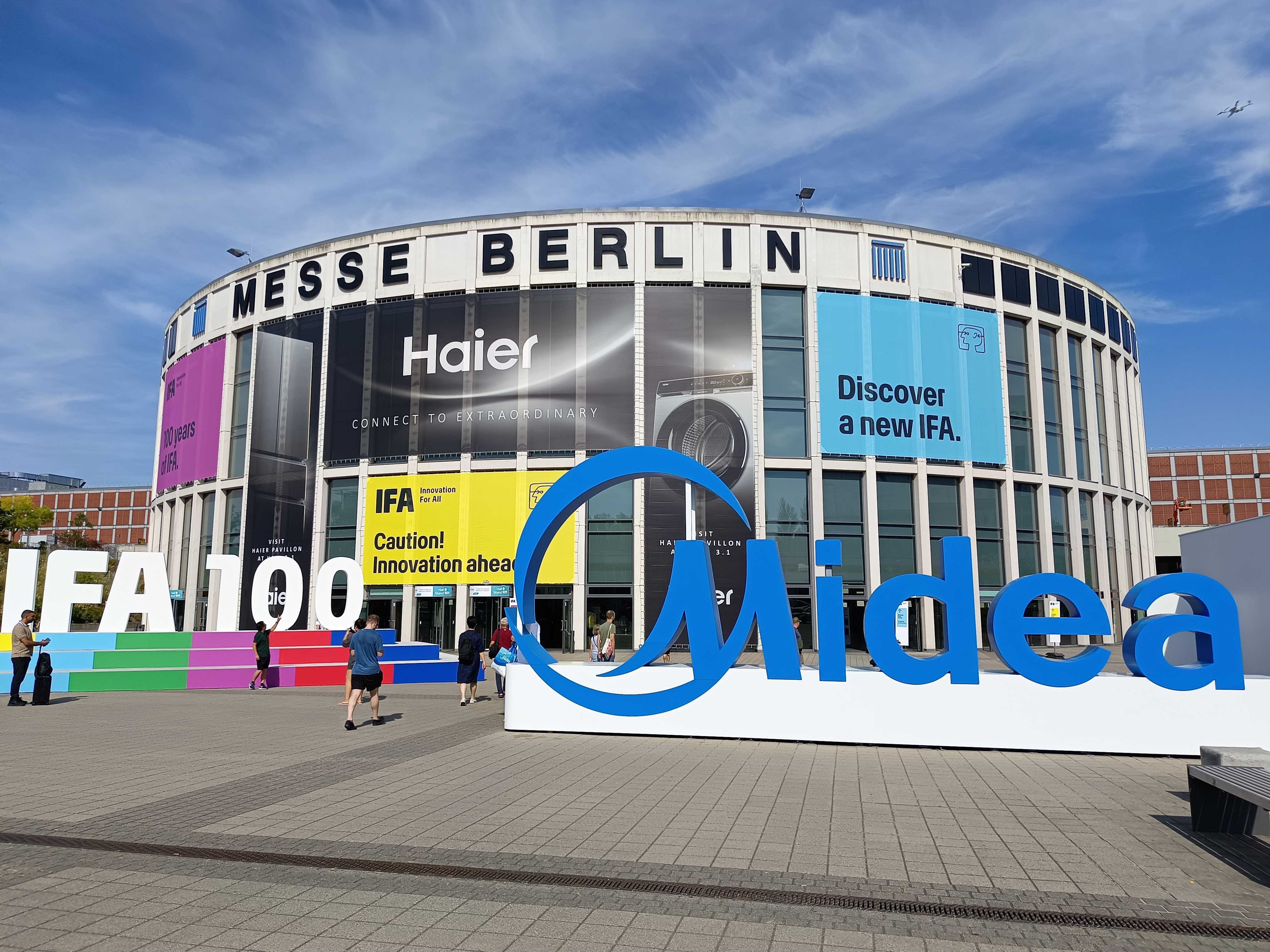 A building with two large signs in front