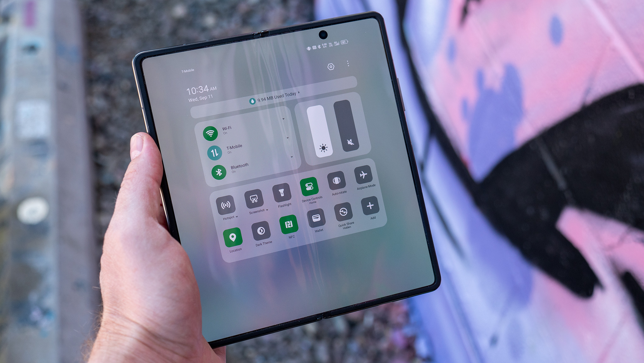 The large folding inner display of the TECNO Phantom V Fold 2 showing the quick toggle buttons