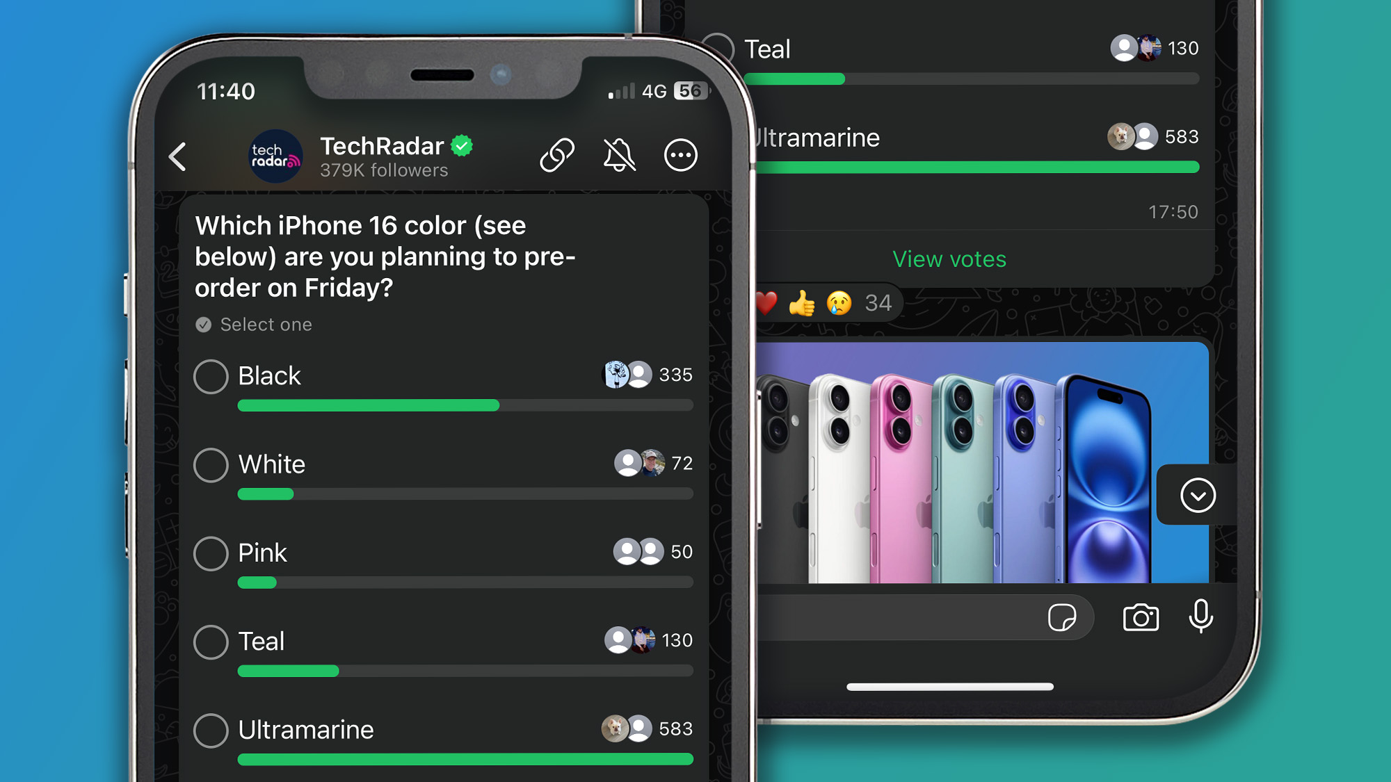 Two iPhones on a green and blue background showing a WhatsApp poll
