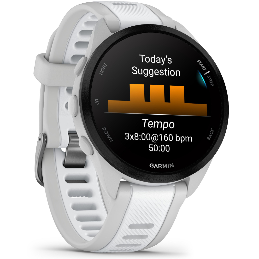 Render of the Garmin Forerunner 165 showing a daily suggested workout at Tempo pace.