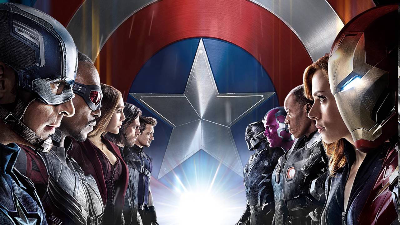 A promotional image filled with the cast of Captain America: Civil War