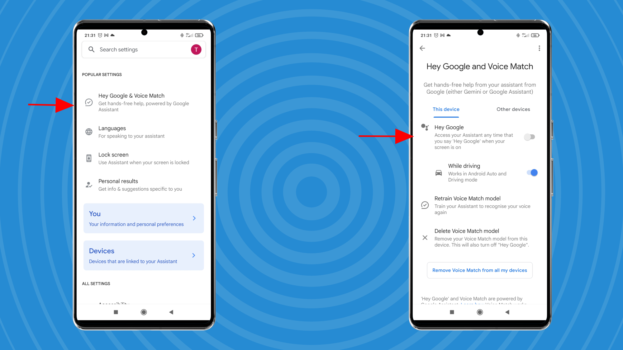 Graphics showing the steps required to follow in order to turn off Google Assistant.