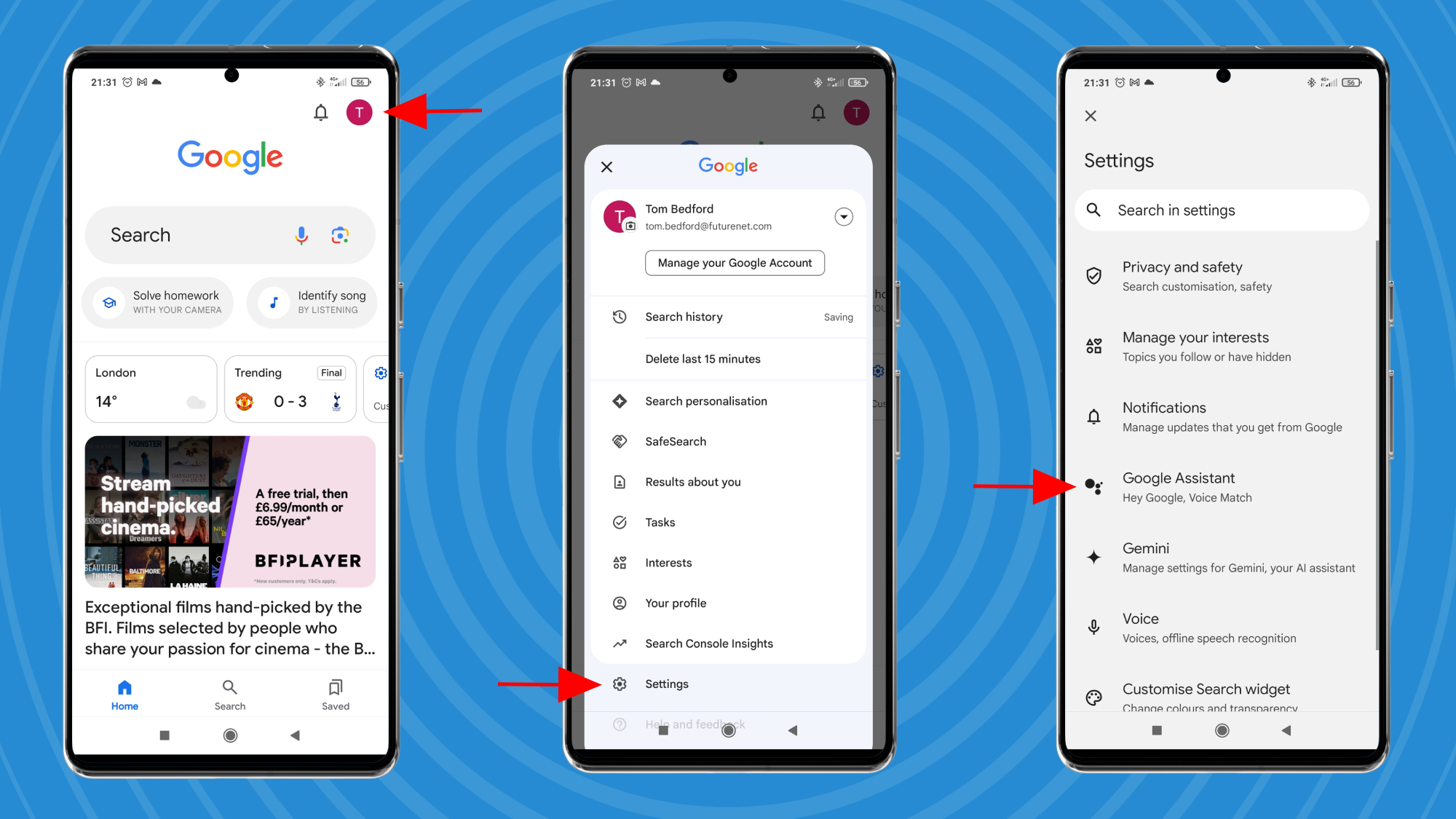 Graphics showing the steps required to follow in order to turn off Google Assistant.