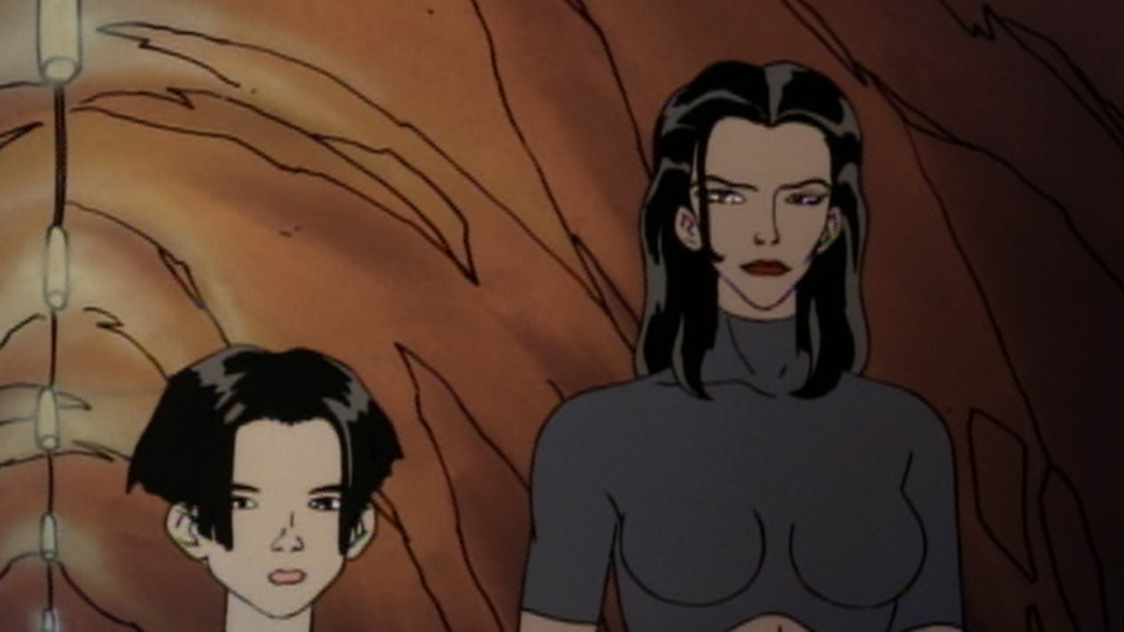 Aeon Flux stands with a child.