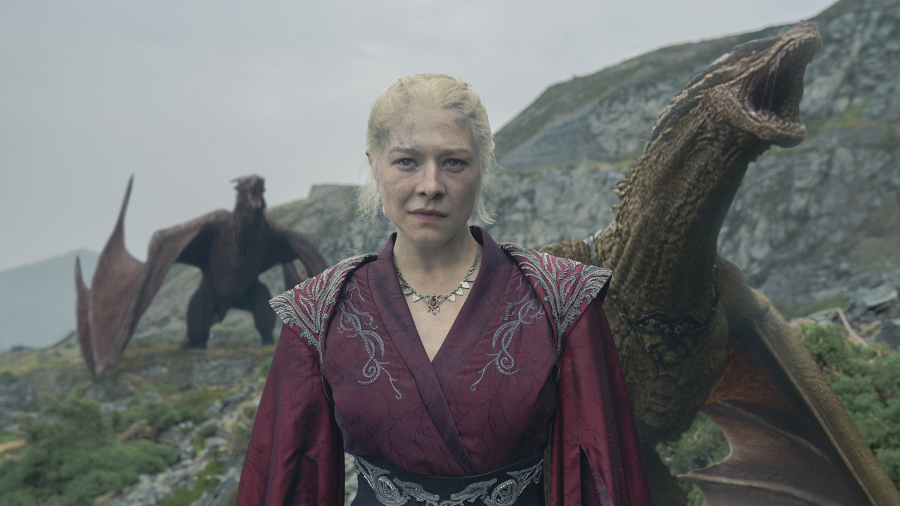 Rhaenyra stands on a hilltop as Syrax and another dragon roar behind her in House of the Dragon season 2 episode 7