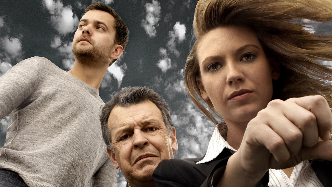 Two characters look into the camera while another looks away in a promo shot for Fringe