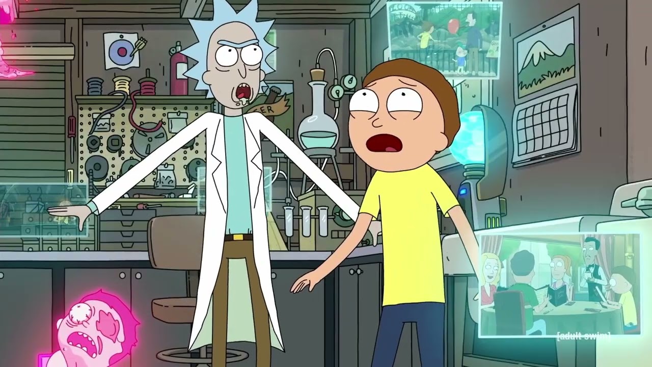 Rick and Morty stand in a lab in their self-titled animated show