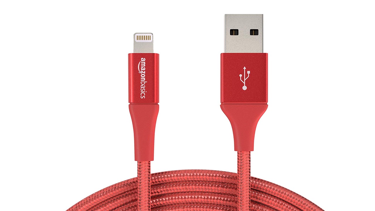 AmazonBasics DoubleBraided Nylon USB-A to Lightning Cable, one of the best charging cables, against a white background