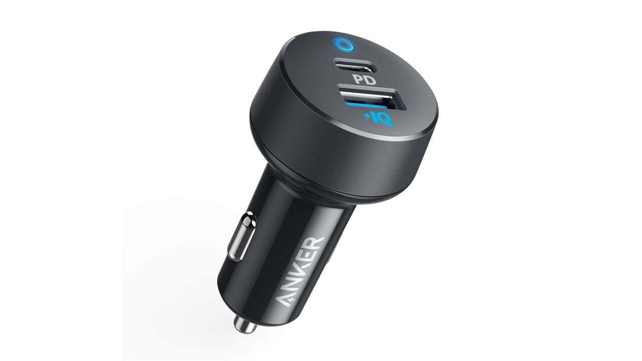 Anker Power Drive PD 2-port Type C Car Charger, one of the best iPhone chargers, against a white background