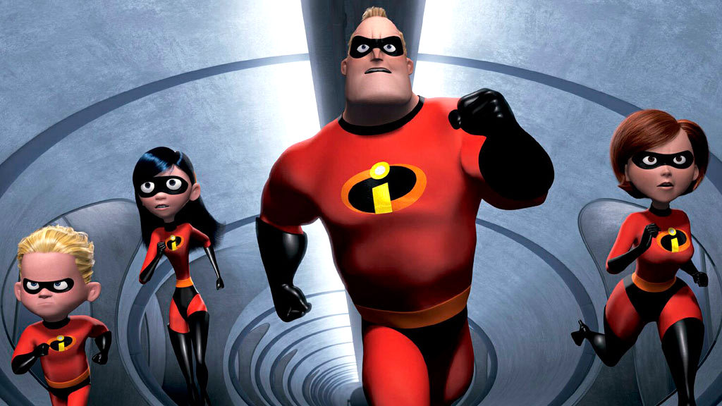 The Parr family run through a corridor to save the day in 2004's The Incredibles