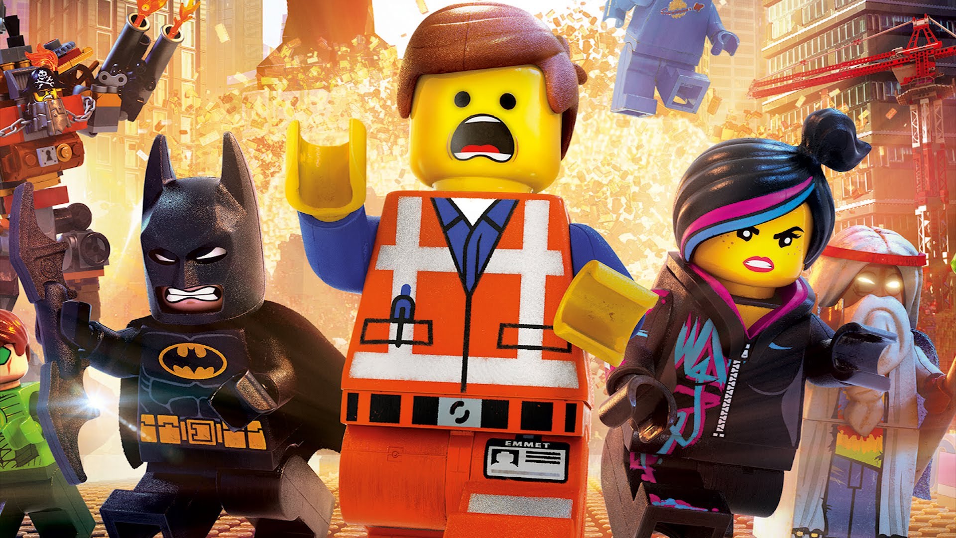 Lego Batman, Emmet and Wyldstyle run towards the camera in a Lego Movie poster