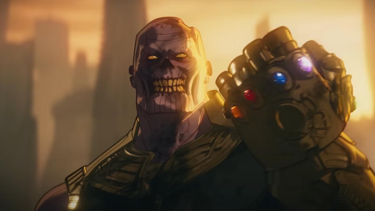 A zombified Thanos holds up the Infinity Gauntlet in What If...? season 3