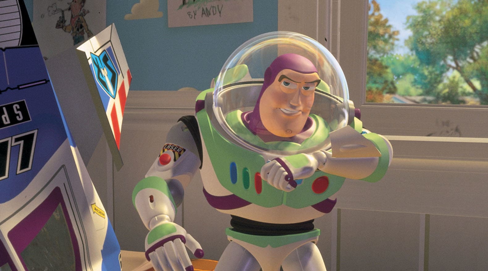 Buzz Lightyear tries to make contact with Star Command in the original Toy Story