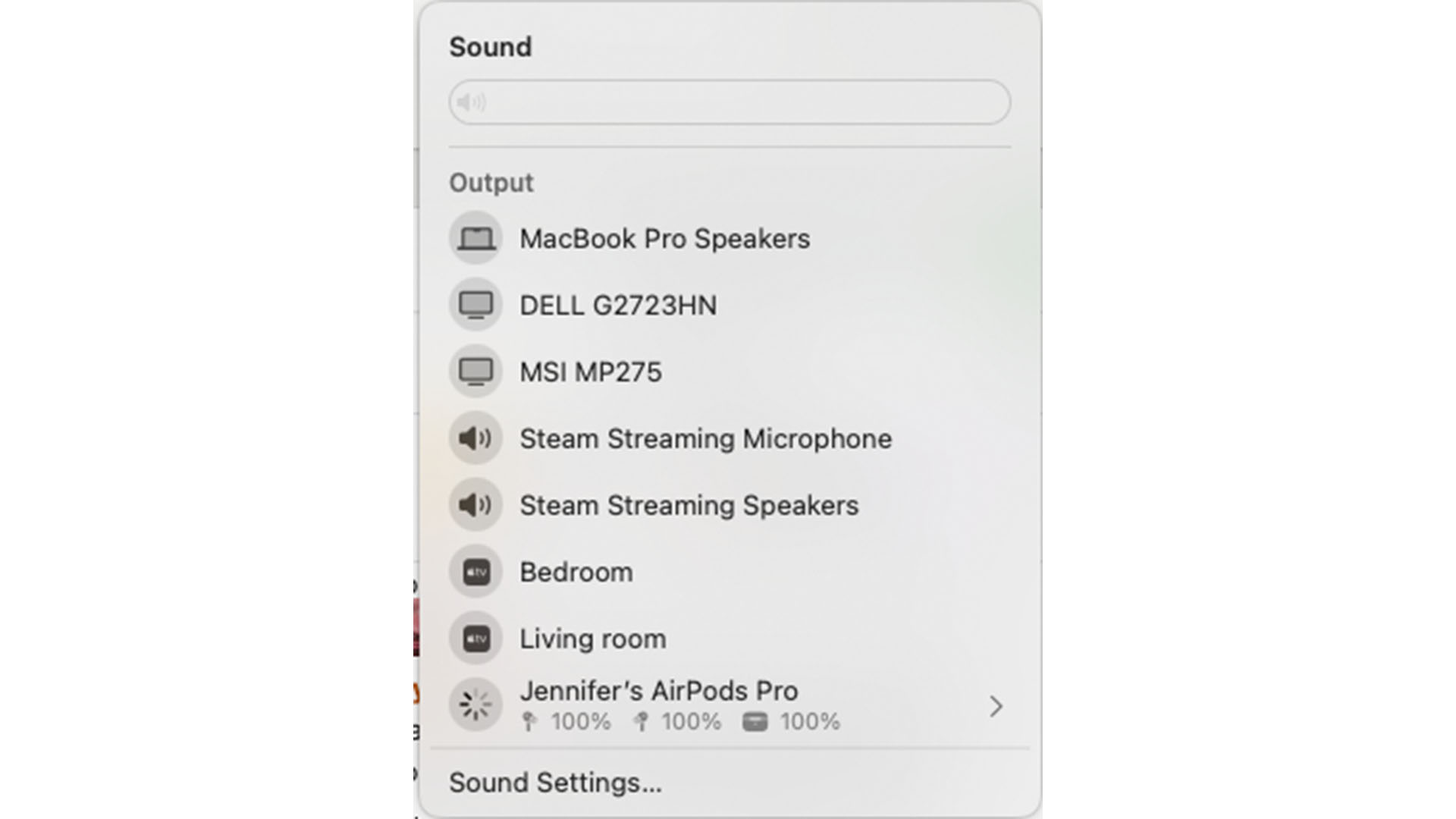 The MacBook Sound options underneath Control Center.