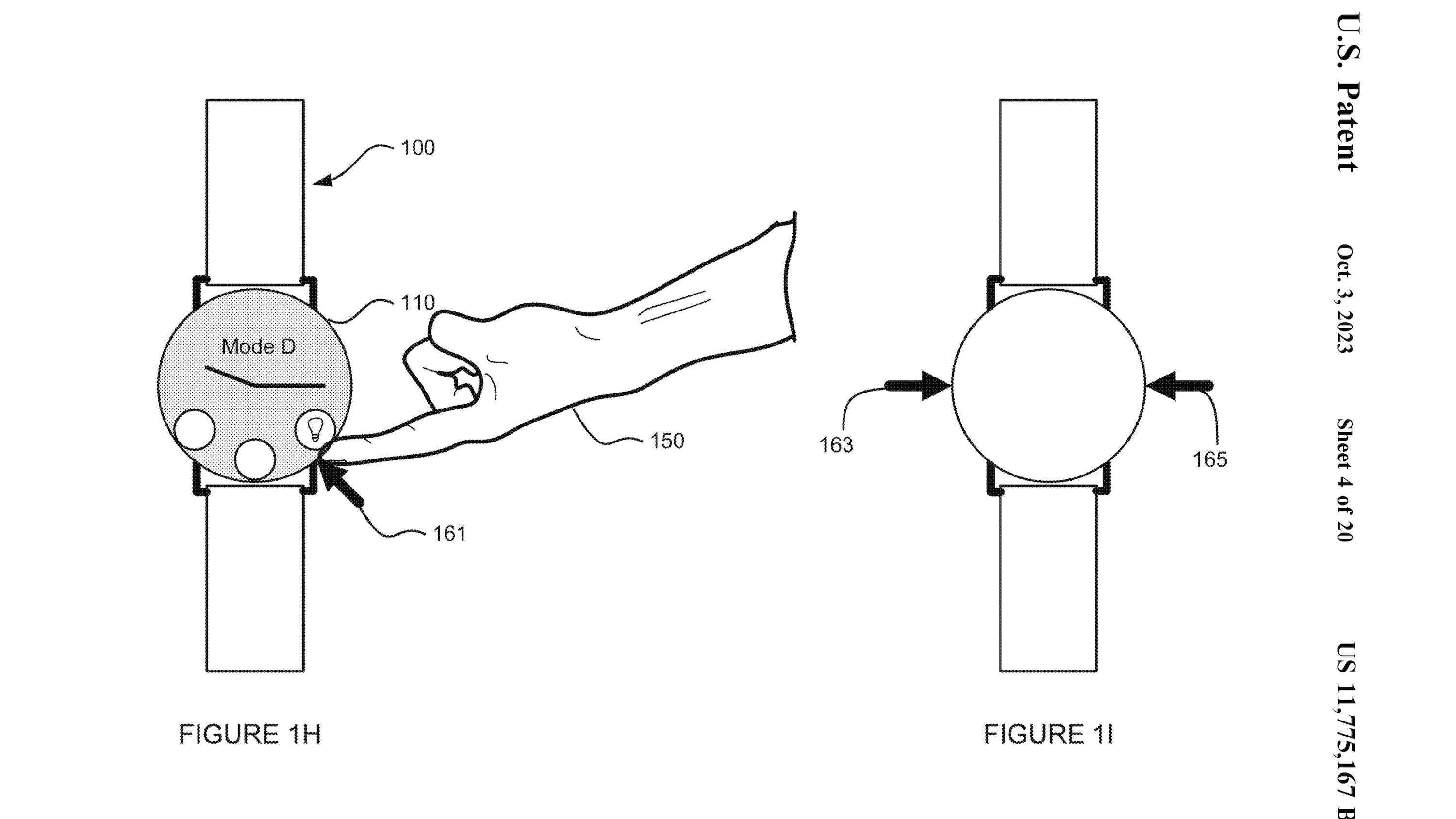 Patent showing a Google concept for a capacitive touch bezel around a Pixel Watch. The image shows a finger pressing and holding at a specific point to activate a specific tool, such as a flashlight. 