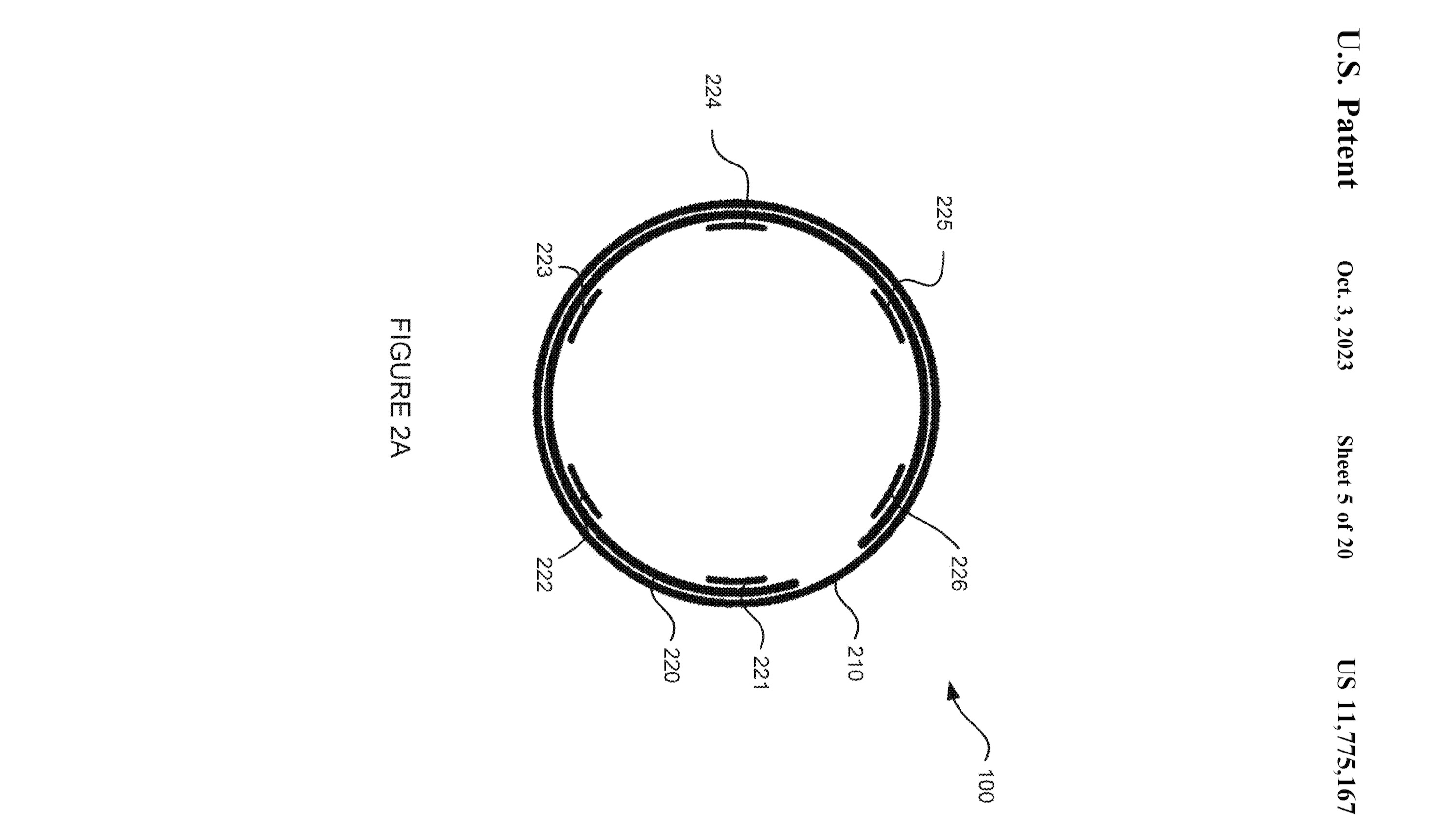 Patent showing a Google concept for a capacitive touch bezel around a Pixel Watch. The figure shows where the sensors would be placed along the edge of the display.