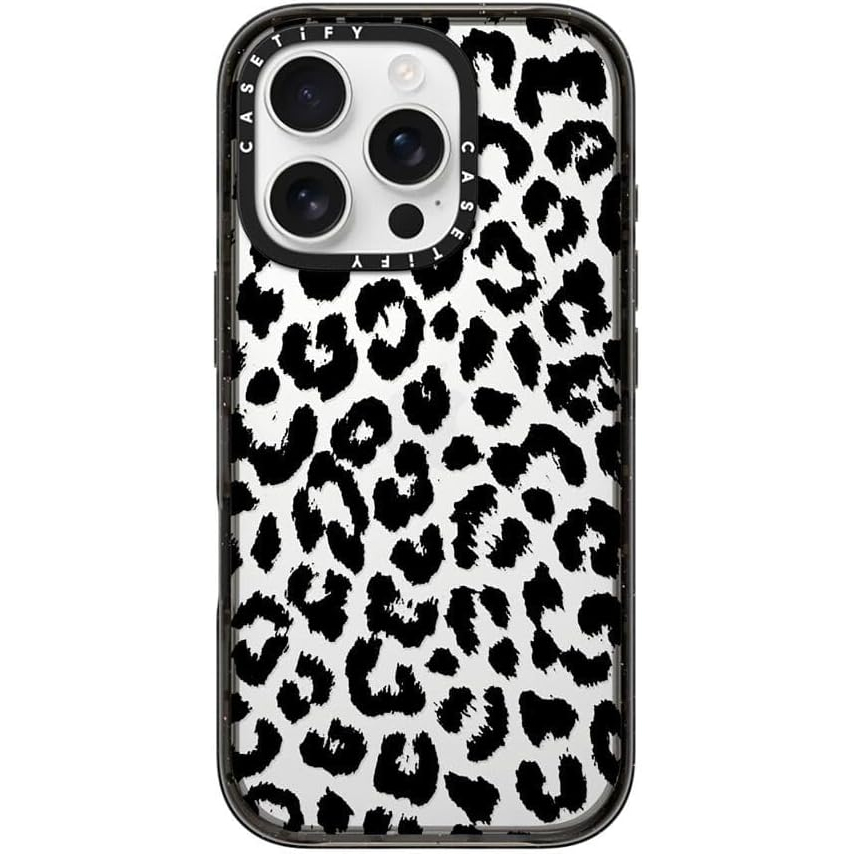 Casetify Impact Case with leopard print and white iPhone 16 Pro inside