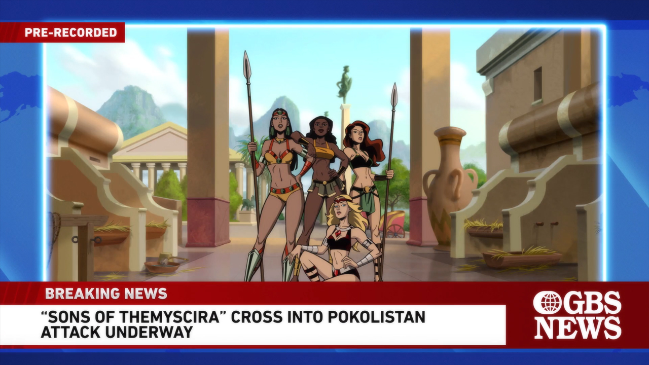 A screenshot of a news report in Creature Commandos episode 1 showing some Amazonian warriors