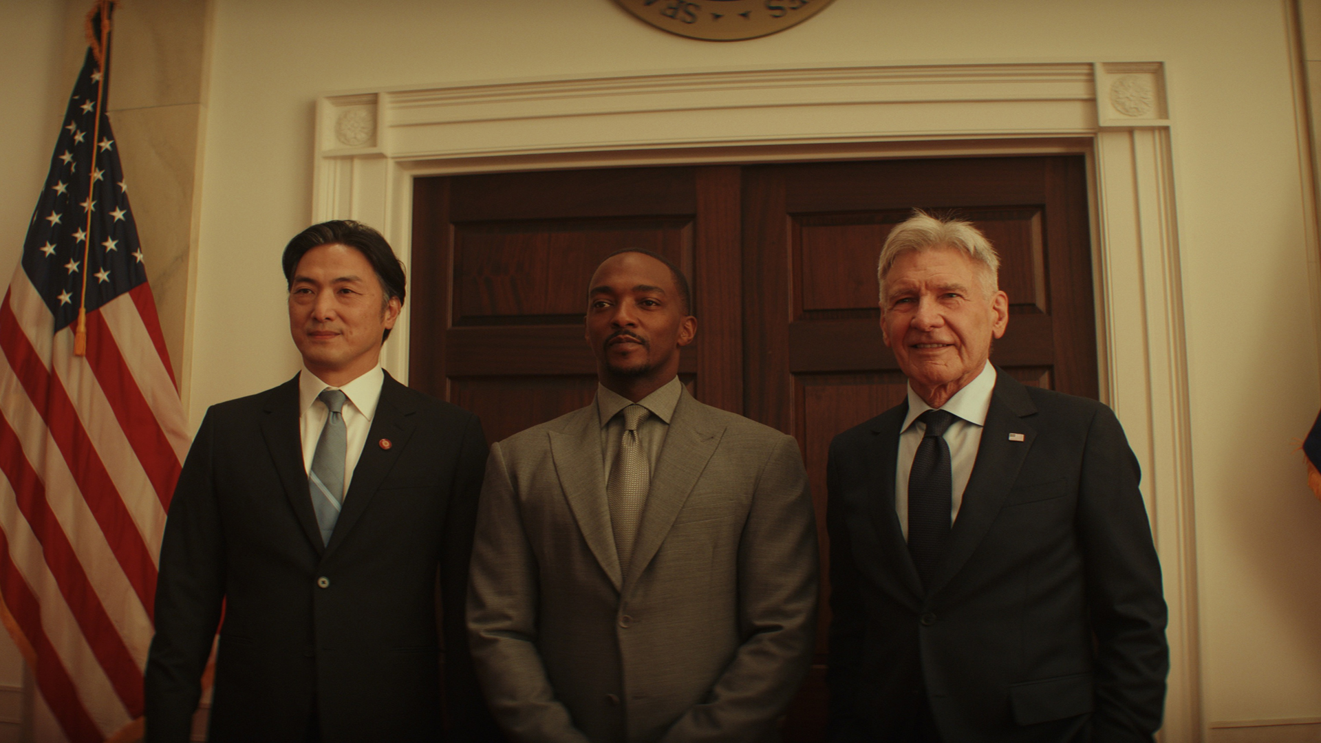 Prime Minster Hira, Sam Wilson, and President Thaddeus 'Thunderbolt' Ross pose for images in Captain America 4