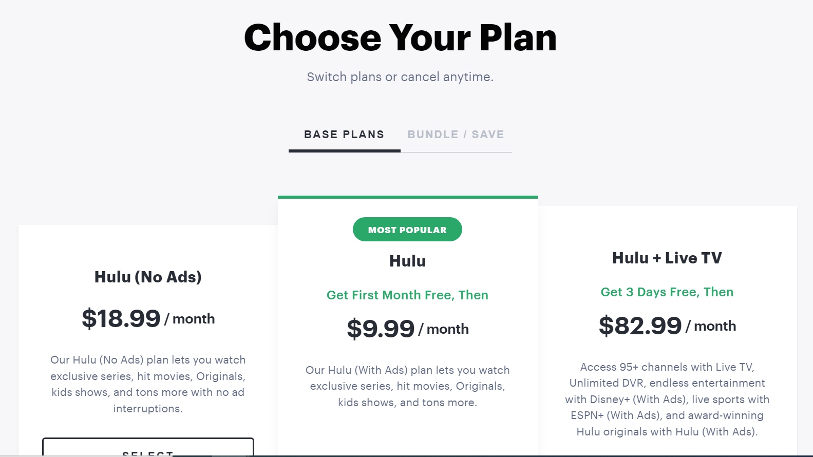 Choose your plan Hulu page.