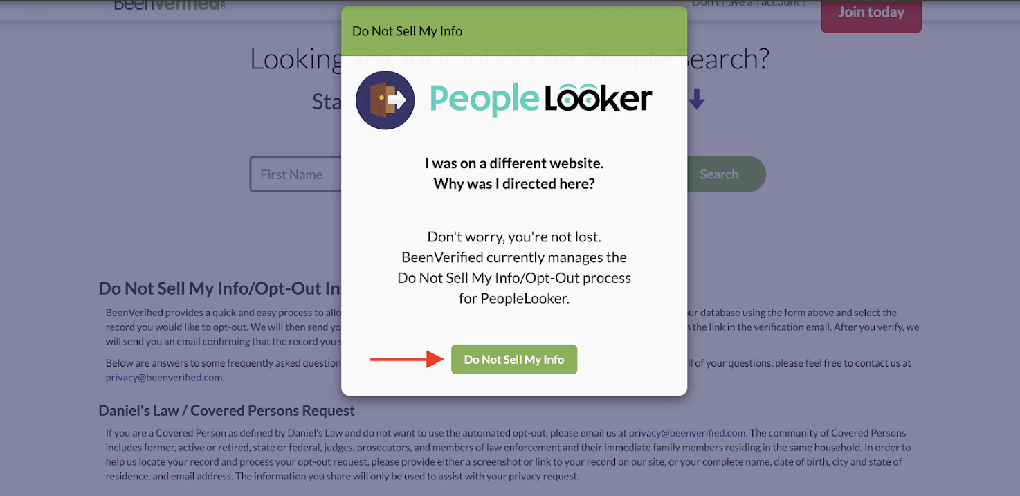 The PeopleLooker opt out box as it is displayed on the BeenVerified website.