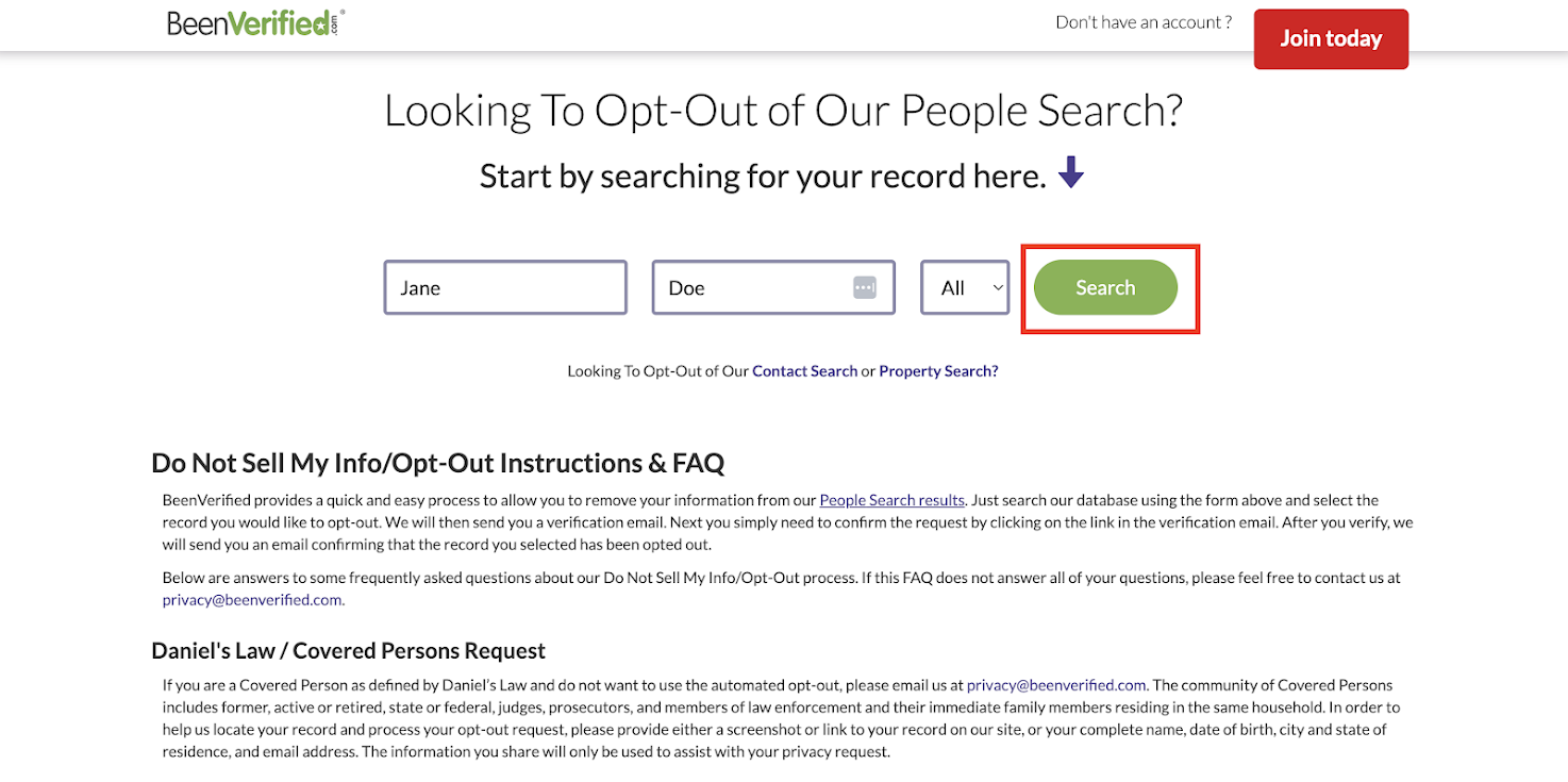 The search bar to find your information on the BeenVerified site with the search box highlighted in a red square.