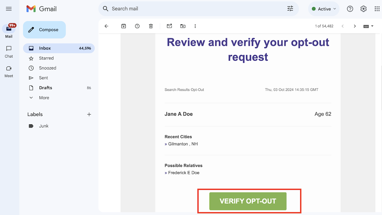 A screenshot of a Gmail inbox showing the PeopleLooker verification email for an Opt-Out Request.