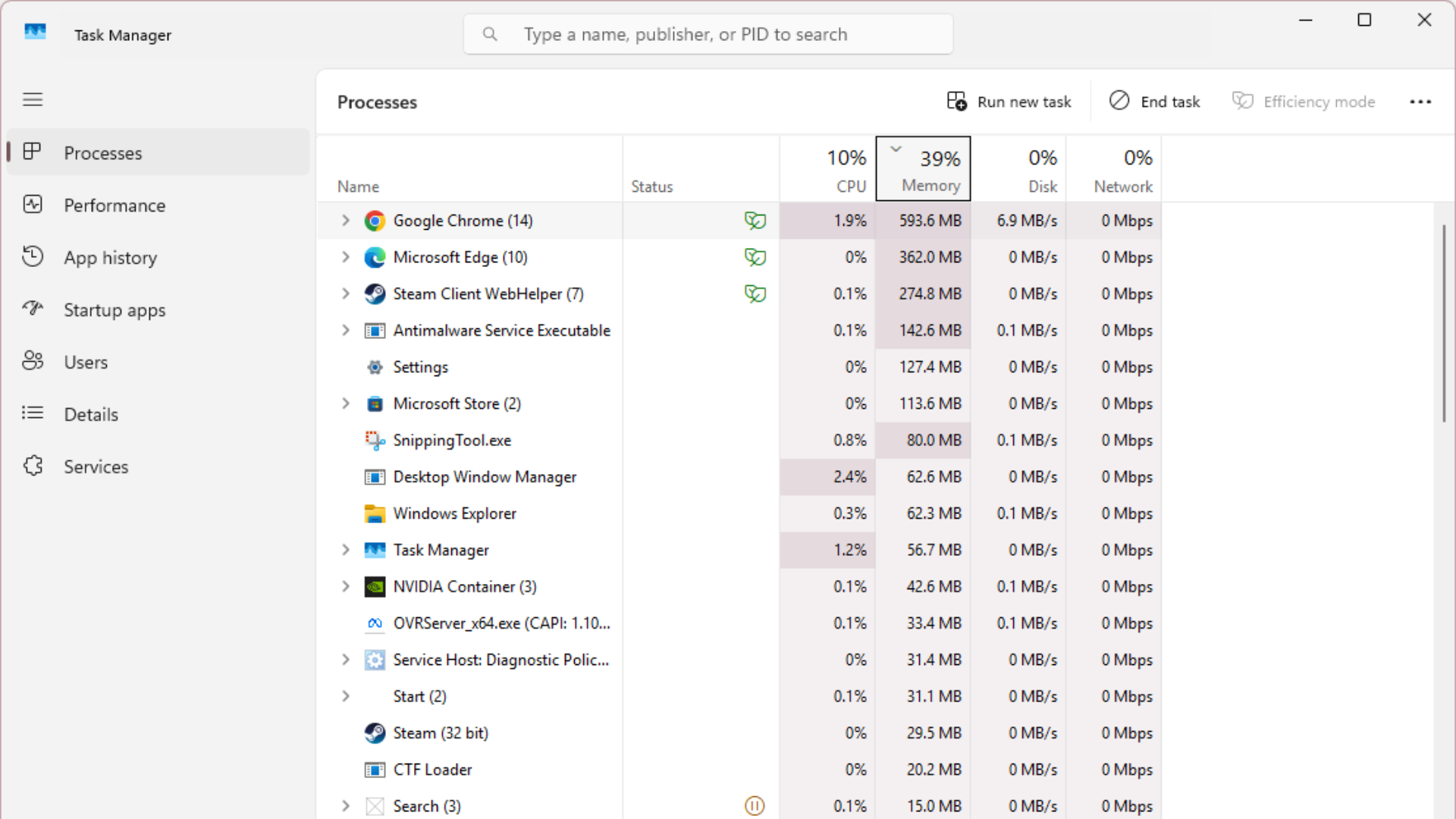 Windows 11 Task Manager sorted by Memory