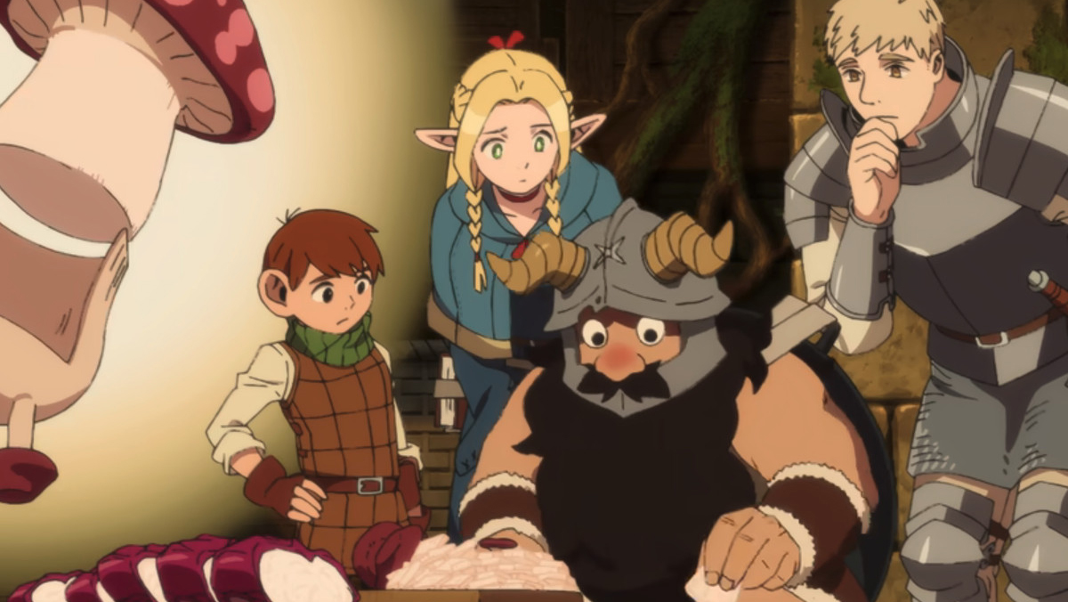 A still from the new Netflix anime series Delicious in Dungeon, showing characters crowded around looking at character Senshi on the floor, a dwarf warrior wearing a metal helmet.