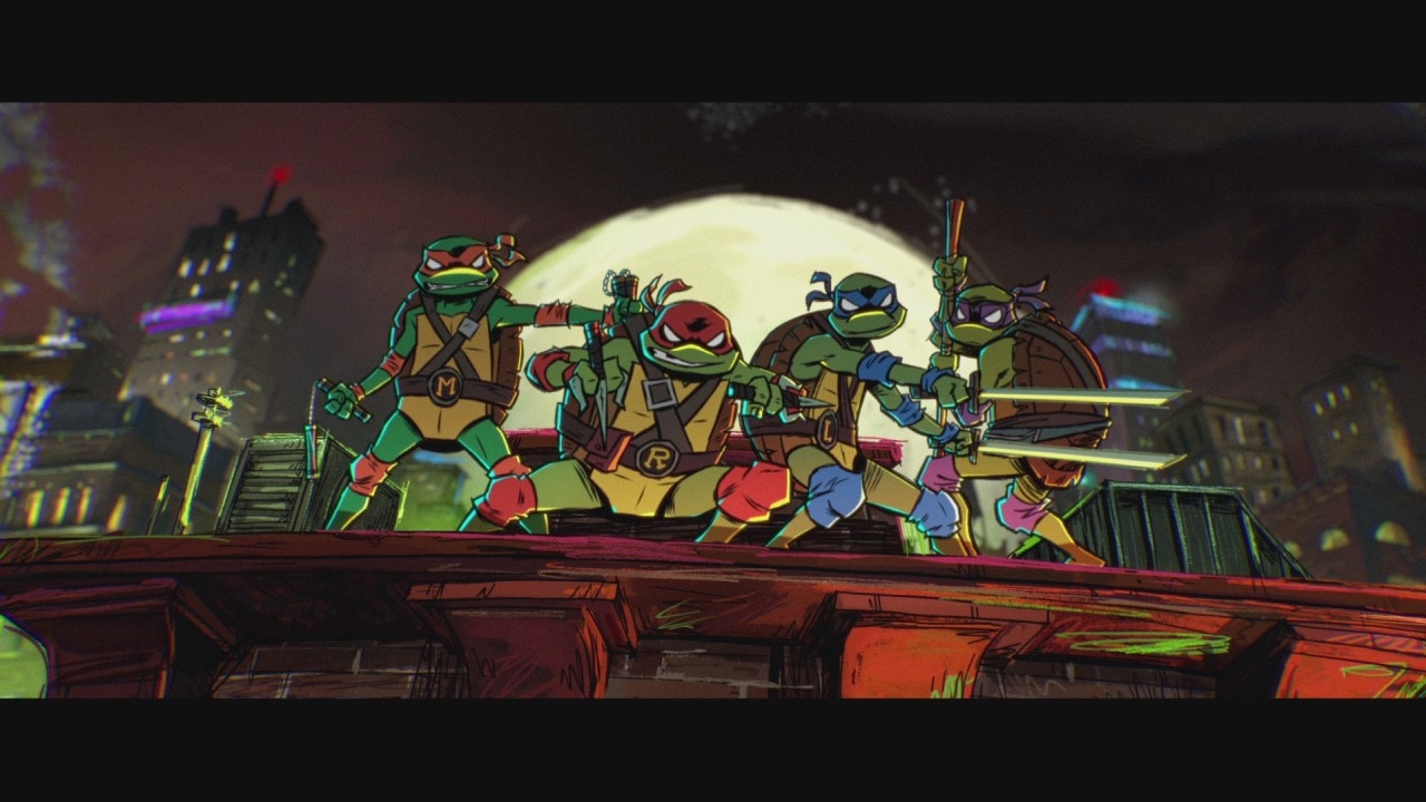 The titular heroes in a half-shell standing on a rooftop in Tales of the Teenage Mutant Ninja Turtles