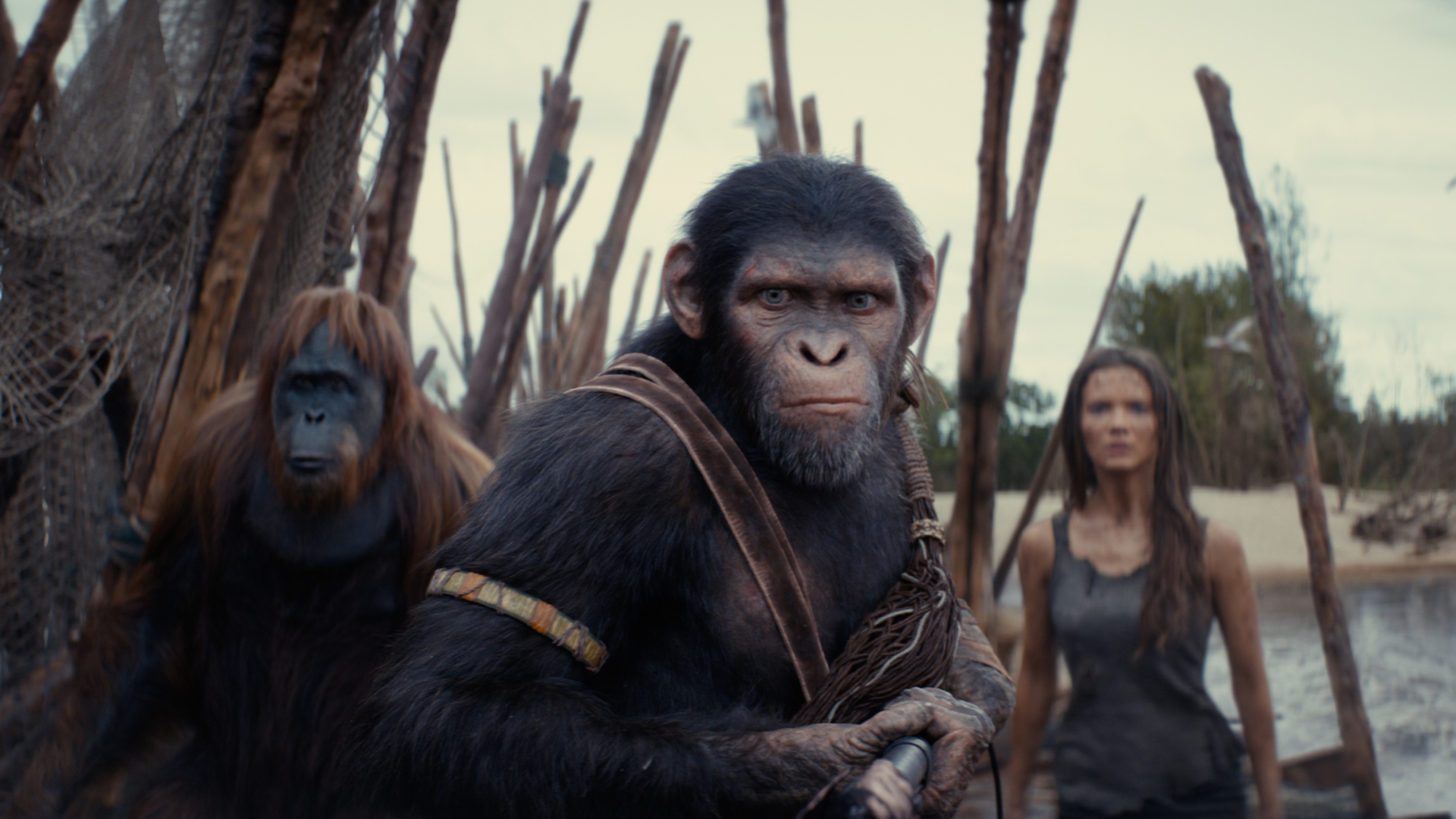 Noa protects Mae on a wooden bridge in Kingdom of the Planet of the Apes