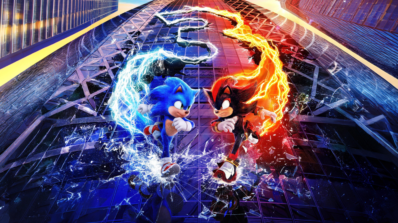 Sonic and Shadow running down a building in Sonic the Hedgehog 3's official poster