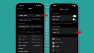 Two iPhone 16 Pro phones showing its camera settings