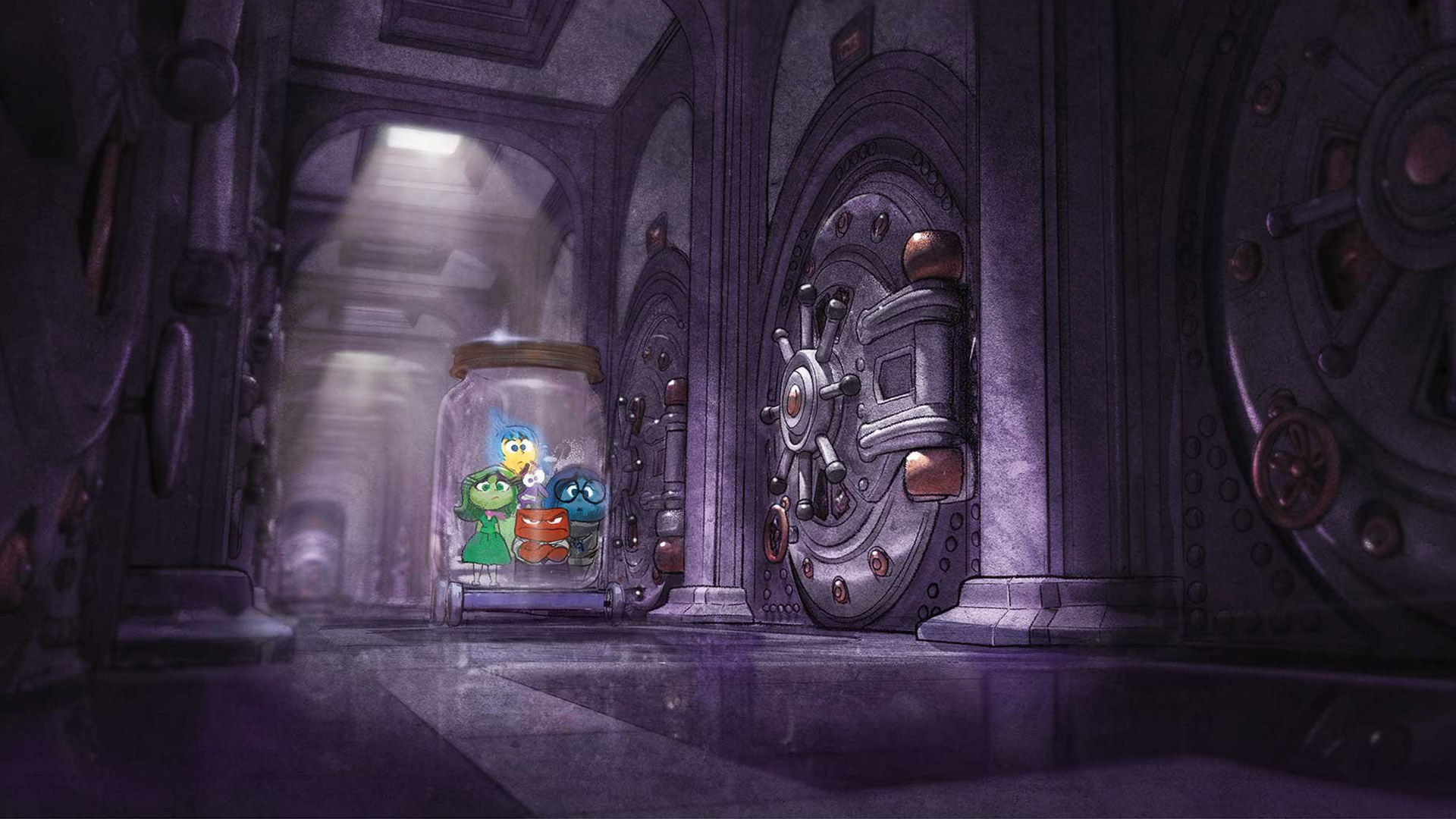 The animated characters from Inside Out 2 inside a jar in a vault