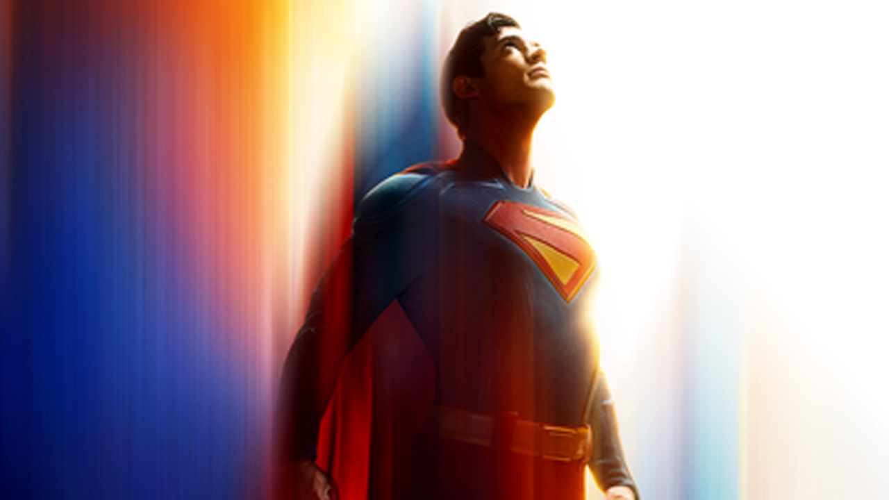 A screenshot of the official poster for James Gunn's Superman movie, which shows the titular hero flying into the sky